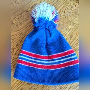Smiley Vintage 1970s Wool Beanie Knit Hat Pom-Pom  Blue Red & White
